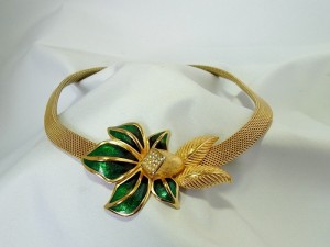 Christian Dior green flower groene bloem vintage mesh necklace collier ketting designer costume jewelry hig class 1.JPG
