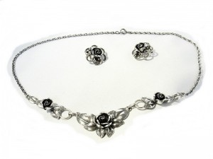 Teka Theodor Klotz Germany Duitsland vintage designer old oude Hildesheimer roses rozen 925 sterling silver zilveren collier ketting necklace clip earrings oorbellen set 1.JPG