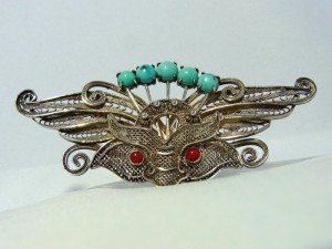 Vintage Chinese China Chinees export verguld gilded silver zilveren mask masker broche Antique Antieke old coral turkois 9.JPG