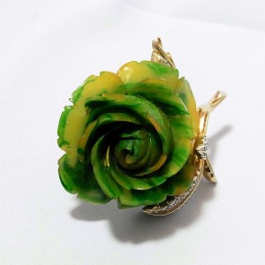 Nettie Rosenstein vintage costume designer brooch pin rose green yellow marbled  d.JPG