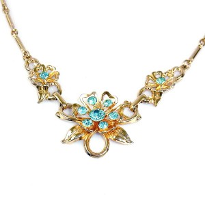 Coro America Amerika vintage designer costume collier ketting necklace aquamarine rhinestones blauwe goldrone gold plated goud kleurig 2.JPG