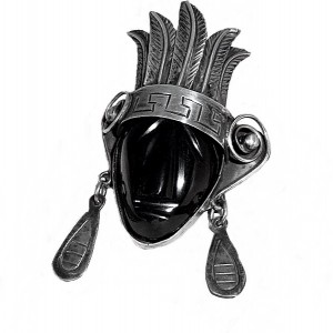 Mexico Taxco 925 sterling silver zilver broche brooch pendant hanger mask face gezicht onyx vintage art deco 1950s tribal 2.jpg