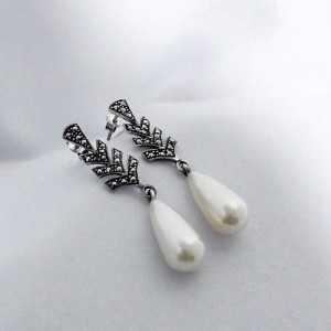 vintage sterling 925 silver zilveren pearl marcasites parel markasieten pierced earrings gaatjes oorbellen costume 3.JPG